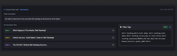 AI-generated video titles dashboard showing optimized title suggestions